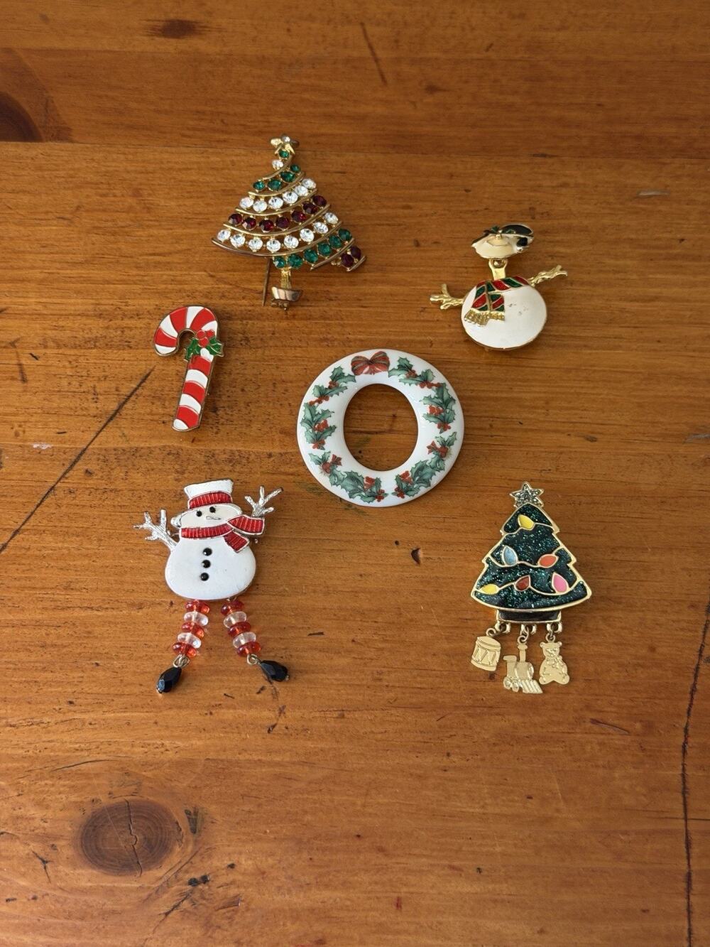 Christmas Brooch Pin Lot 6 Tree Snowman Candy Cane Wreath Rhinestone Holiday